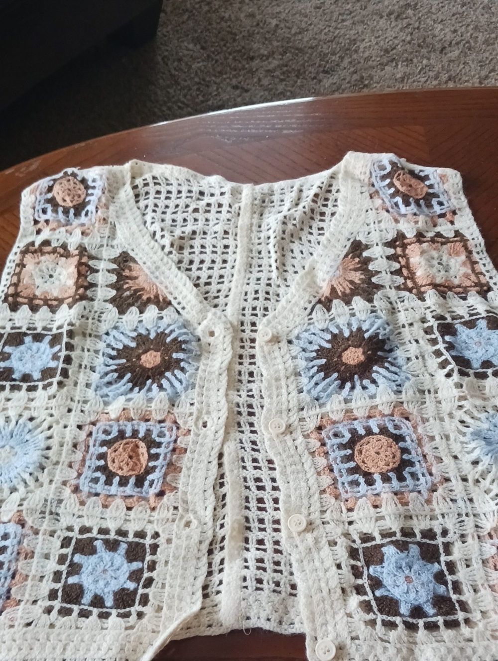 Crocheted Button-Front Vest in Cream with Blue and Brown Accents